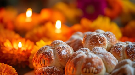 Dia de los Muertos treats, candles, and flowers