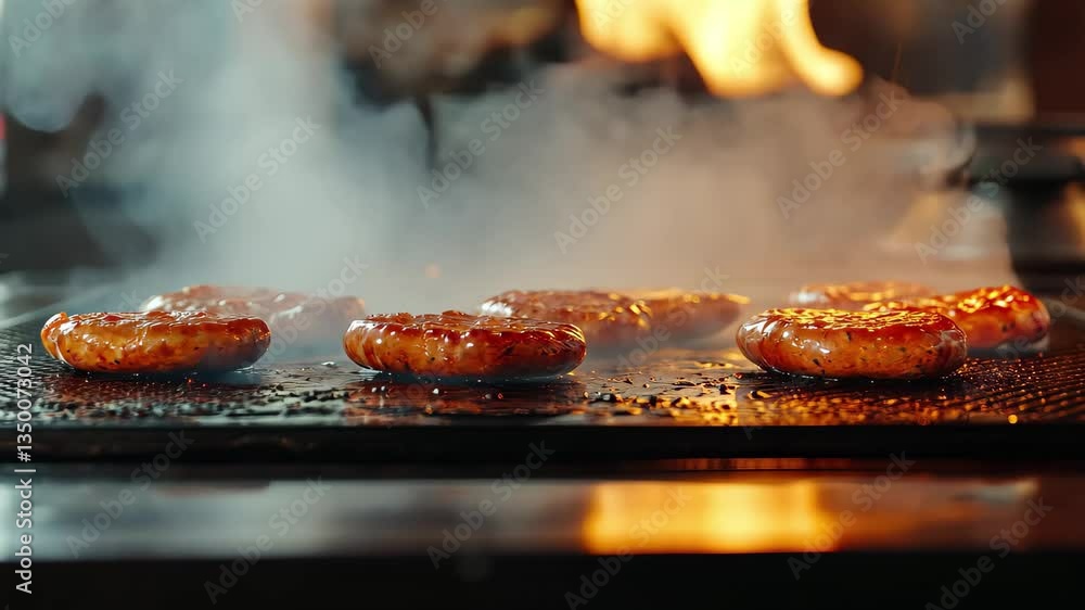 Poster macro view of sausages sizzling on a griddle as steam and flame create an enticing cooking atmospher