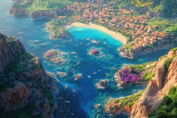 Coastal village nestled in a vibrant bay, surrounded by clear turquoise waters and rocky cliffs