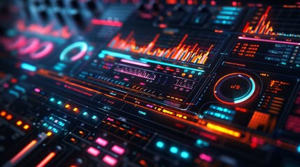 Obraz premium Digital interface displaying a real time analysis of chord progressions scales and rhythmic patterns in vibrant holographic visuals The modern design showcases AI driven music theory exploration