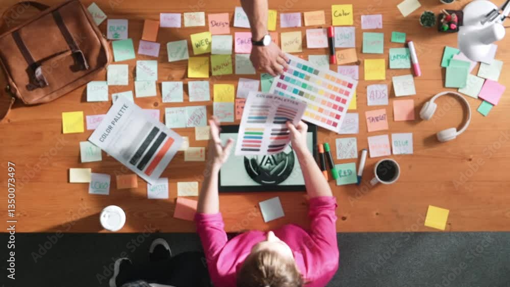 Poster top view of smart designer holding color palette while project manager looking at design and choosin