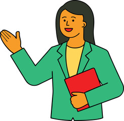 A cartoon woman in a green jacket gestures, smiling, holding a red folder. She appears to be presenting or teaching, possibly at a conference or seminar.
