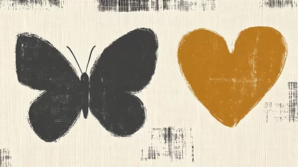 Black butterfly and mustard heart on textured background.