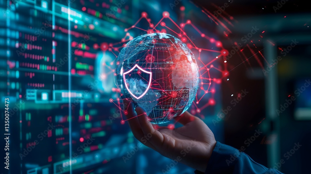 Poster cybersecurity in hand: a hand cradles a glowing globe overlaid with a digital shield, symbolizing gl