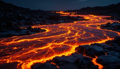 Flowing Lava in Dark Surroundings with Glowing Red Embers and Rocks