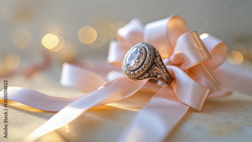 Poster elegant vintage ring resting on soft pastel ribbon with a bokeh background in a warm lighted setting