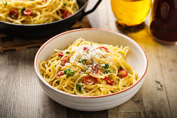 Spaghetti aglio, olio e peperoncino with herbs and parmesan
