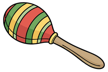 21 Colorful wooden maraca, rainbow stripes, vibrant colors, spherical rattle, musical instrument, children's toy, wooden handle, close-up photography, white background, simple design, primary colors, 