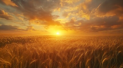 Obraz premium A golden sunset over a vast field of wheat, evoking tranquility and nature's beauty.
