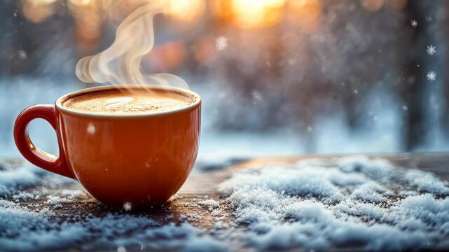 On this warm winter morning, a delighted woman enjoys her steaming coffee, immersed in the serene beauty of soft snow, creating a peaceful moment of reflection that enhances her enjoyment