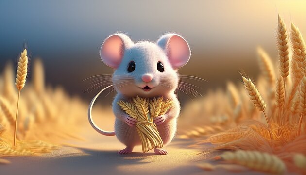 Charming pastel 3D render of tiny mice collecting wheat stalks, whimsical scene with mice carrying grains like trophies, soft daylight and playful character design in a fantasy harvest.