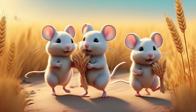 Charming pastel 3D render of tiny mice collecting wheat stalks, whimsical scene with mice carrying grains like trophies, soft daylight and playful character design in a fantasy harvest.