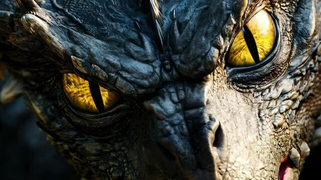 Intimidating talking dragon face in closeup motion footage. Monster with yellow eyes. Mythical creature clip for fantasy themed media projects and storytelling.