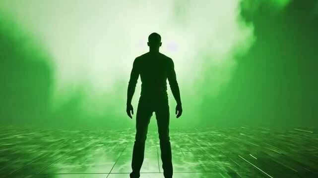 A solitary male figure stands bathed in a vibrant and glowing green light, casting an enchanting presence that arouses profound curiosity and wonder among transfixed and captivated onlookers