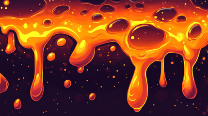Fototapeta premium Hot liquid lava puddle fx with orange bubble 2d. Volcano liquid magma fire for game hell environment. Isolated yellow orange molten metal drip vfx cartoon icon element set. Foundry flowing steel