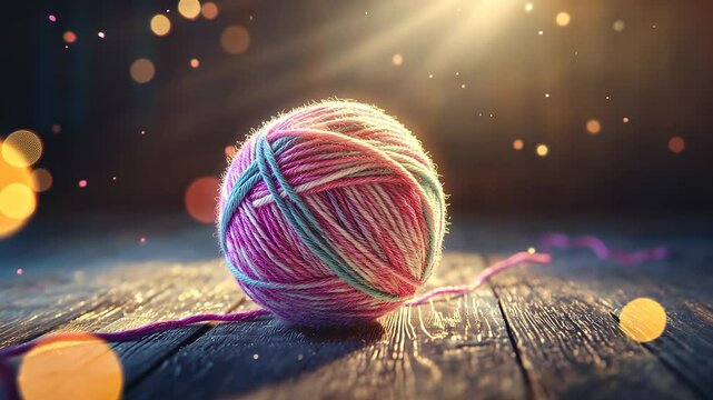 Ball of yarn sitting on wooden table. A room with a ball on the floor. Blurred beam of light in the background. A skein of yarn resting on a lifestyle wooden table.