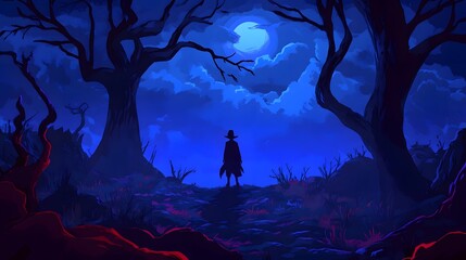 Silhouette in the Mystic Woods: A solitary figure stands amidst a mystical, moonlit forest, the air thick with an enigmatic atmosphere. The silhouetted form is a focal point.