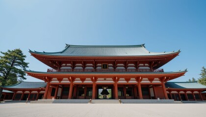 Fototapeta premium Traditional Asian Architecture of Temple with Red Roof and Blue Sky