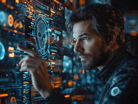 AI-driven facial recognition system in action, showcasing advanced biometric data on a sleek digital interface in a futuristic environment