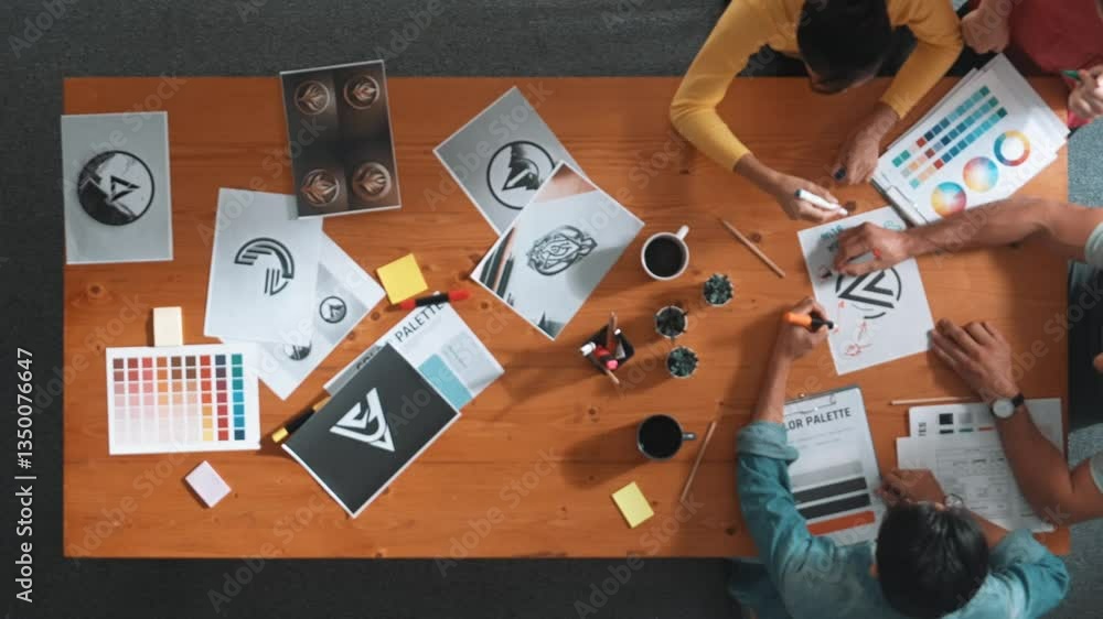 Poster top down aerial view of designer looking at tablet while project manager choosing color palettes. ti