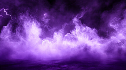 Fototapeta premium Realistic thunder light and purple smoke cloud bottom frame. Mysterious lightning glow border wide panoramic element. Fluffy magic spell mist glowing with bolt energy charge overlay color design