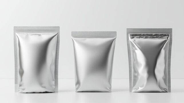 Pouch bag mockup set in silver metallic color on transparent background. Various shapes and sizes of blank packaging templates for food, cosmetic products and brand identity design presentations.