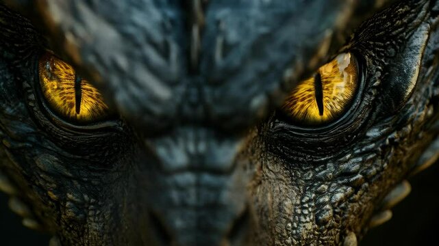 Angry dragon face close-up in motion video. Dark, menacing creature with yellow eyes footage. Fantasy beast, magical monster clip for halloween, mythical concept use - Powered by Adobe