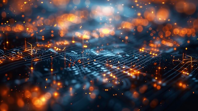 Floating music sheet with glowing key signatures and time signatures adjusting in real time representing the dynamic nature of rhythm tempo and harmony in music theory