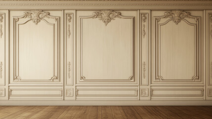 Realistic beige molding wall interior showroom design vector background. Vintage classic wooden frame decor with plaster. Luxury apartment decorative relief. Empty hall backdrop.