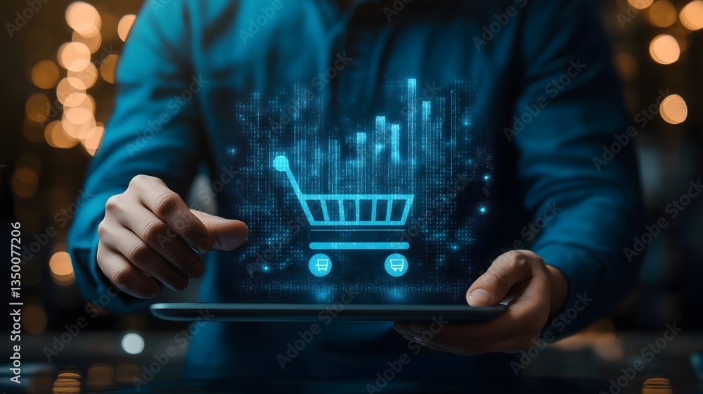 Poster digital shopping: a person interacts with a tablet displaying an illuminated shopping cart symbol wi