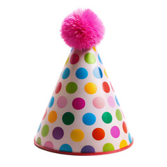 Colorful polka dot party hat with pink pom isolated on transparent background  
