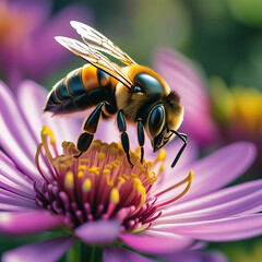 Close-Up of Bee Pollinating Flower, Intricate Details, Front Camera Angle