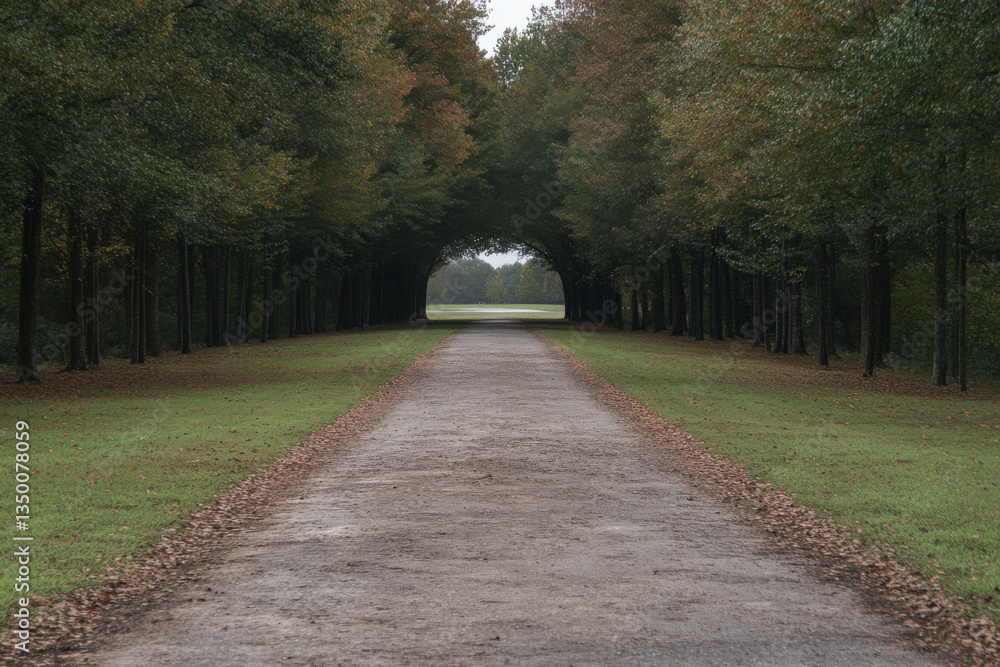 Aufkleber a path through a forest with trees on either side