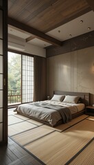 Modern minimalist bedroom with natural light and serene atmosphere