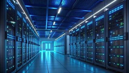 Futuristic Data Center with Glowing Server Racks, Advanced AI Systems