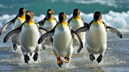 Obraz premium Group of Penguins Running on Shoreline with Ocean Waves in Background