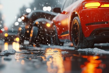  A close-up of a red car in the foreground during snowfall, with emergency lights and a vehicle accident visible in the blurred background.