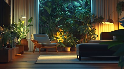 A cozy living room filled with plants, creating a serene and inviting atmosphere.
