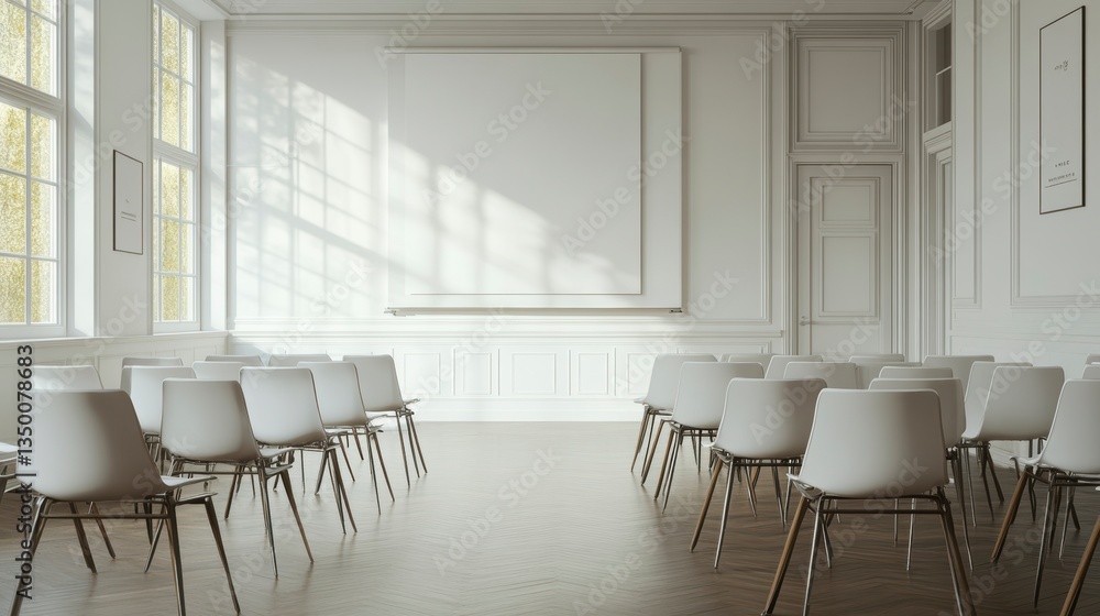 Poster sunlit empty conference room with white chairs and a large blank canvas.