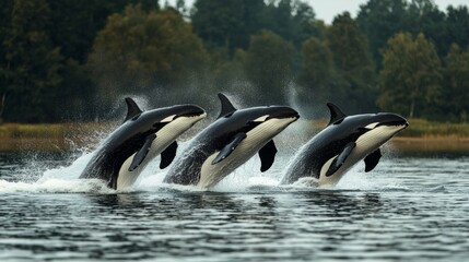 Obraz premium Majestic Orcas Leaping Gracefully Across Calm Water Surface