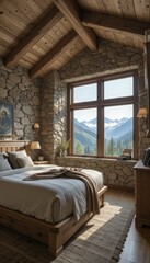 Cozy mountain bedroom with wooden furniture and stunning view