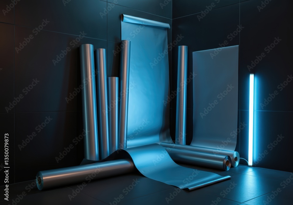Poster Stylish display of metallic wrapping paper rolls in a modern setting
