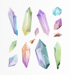 Vibrant set of colorful gemstones and crystals in various shapes and sizes. Fantasy mineral collection with glowing reflections. Decorative vector illustration on a white background