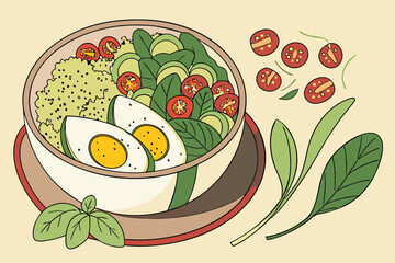 24 Vibrant salad bowl, quinoa, avocado slices, cherry tomatoes, fresh basil leaves, mixed greens, colorful vegetables, healthy meal, rustic ceramic plate, overhead view, bright natural lighting, food 