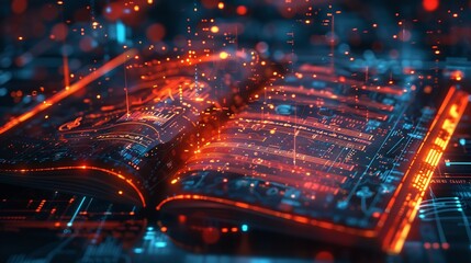 Futuristic book of music theory its pages glowing with animated chord charts scale diagrams and rhythmic patterns The high tech visual captures the essence of learning music theory digitally