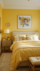 Cozy Yellow Bedroom with Floral Accents and Art on Wall