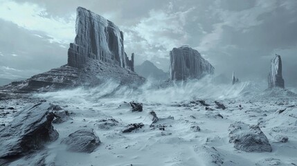 Dramatic Ice-Covered Landscape with Unique Rock Formations and Fog
