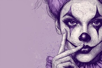 Minimalist jesters face in shh gesture on soft lavender background