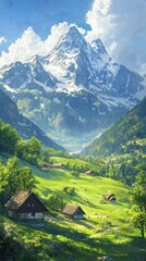 Obraz premium Majestic alpine landscape green meadows and snowcapped peaks