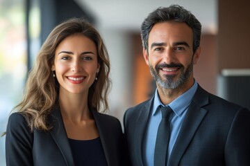 Professional business partners posing confidently at an office during daylight hours